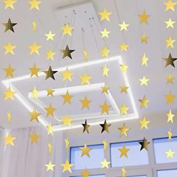 Spakon 65 Feet Glitter Star Paper Garland Banner Hanging Decoration Gold Star Streamers Double Side 2025 Graduation Decorations for Wedding Birthday Festival New Year Party Decoration
