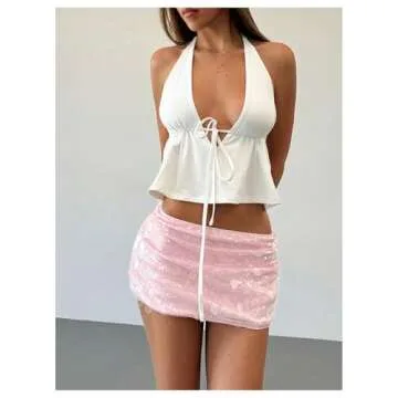 MakeMeChic Women's Sequin Glitter Ruched Short Skirt Bodycon Skinny Party Mini Skirts Pink Small