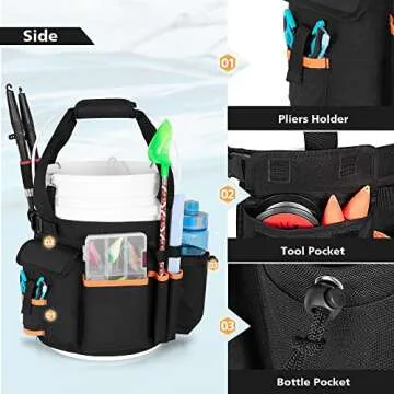 GOBUROS Fishing Bucket Organizer with Multi-Pockets and Rod Holder