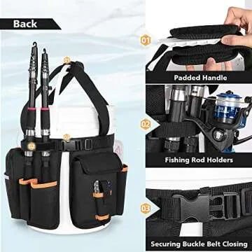 GOBUROS Fishing Bucket Organizer with Multi-Pockets and Rod Holder