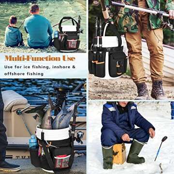 GOBUROS Fishing Bucket Organizer for 5 Gallon Bucket, Fishing Bucket Caddy with Adjustable Buckle, Rod and Plier Holder and Multi-Pockets for Fishing Gear (Bucket not Included)