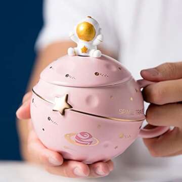 Yalucky Kawaii Astronaut Cup Space Embossed Planet Mug, Cute Ceramic Coffee Mug, Novelty Mug with Li...