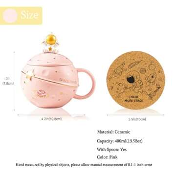 Yalucky Kawaii Astronaut Cup Space Embossed Planet Mug, Cute Ceramic Coffee Mug, Novelty Mug with Lid and Spoon for Coffee, Tea, Milk, Aesthetic Room Decor Funny Gift for Girl Boy Women((Pink)