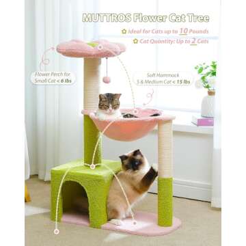 MUTTROS Flower Cat Tree with Large Metal Frame Hammock, 35" Cute Cat Tower with Sisal Scratching Pos...