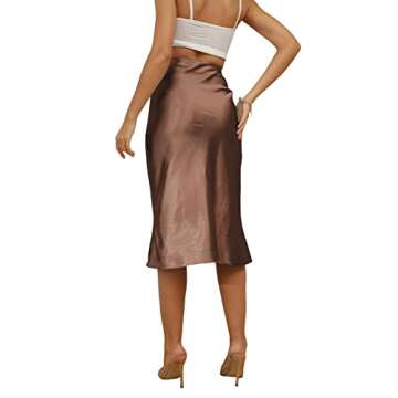 LYANER Women's Satin Silk High Waist Side Zipper Up Ruffle Hem Flared Midi Skirt Camel Large