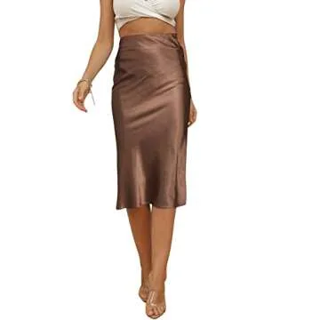 LYANER Satin Silk High Waist Flared Midi Skirt Camel