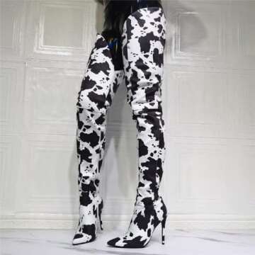 Frankie Hsu Punk Stiletto Above Over Knee Boots, White Black Cow Print Faux Suede Leather High Heels...