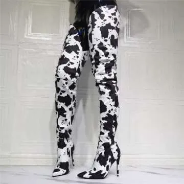 Frankie Hsu Punk Stiletto Above Over Knee Boots, White Black Cow Print Faux Suede Leather High Heels...