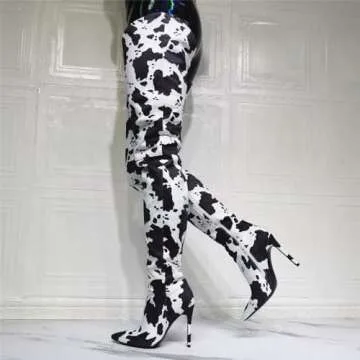 Frankie Hsu Punk Stiletto Above Over Knee Boots, White Black Cow Print Faux Suede Leather High Heels Thigh Style, Fashion Big Large Size Designer Tight Long Tall Shoes For Women