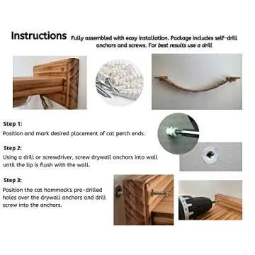 Cat Bridge Hanging Cat Hammock, Cat Shelves for Wall, Rope Bridge. Cat Hammock for Large Cats, Sturdy Wall Mounted Cat Shelf 56.7 inches, Natural Pine Wall Cat Furniture, Fully Assembled Easy Install