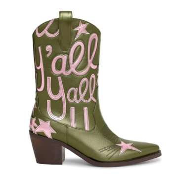 HOCHFART Metallic Cowboy boots for Women Mid Calf Low Heel Pointed Toe Womens Cowgirl Boots Fashion Embroidery Western Pull On Boots