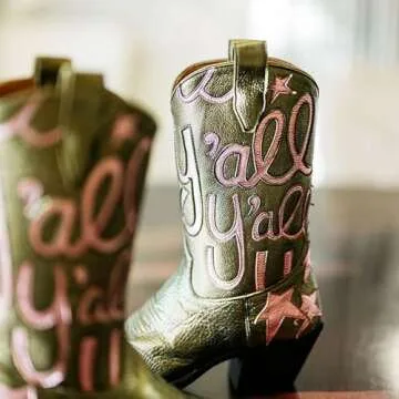 HOCHFART Metallic Cowboy boots for Women Mid Calf Low Heel Pointed Toe Womens Cowgirl Boots Fashion Embroidery Western Pull On Boots