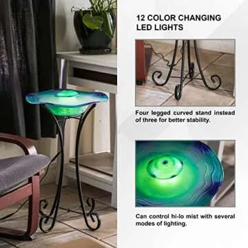 XBrand Floor Mist Fountain with 12 Color Changing LED lights and Inline Control, 27 inch Tall, Glass and Metal, Blue, Mist Water Fountain, Indoor Floor Water Fountain, Aromatherapy Mist Fountain