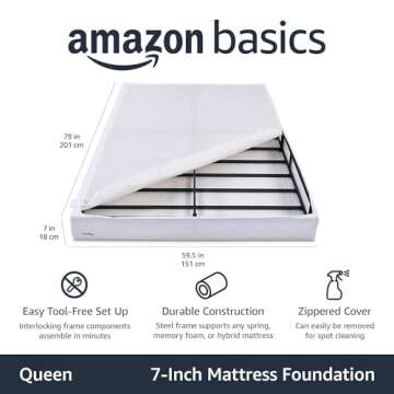 Amazon Basics Smart Box Spring Bed Base, 7-Inch Height Mattress Foundation, Tool-Free Easy Assembly,...