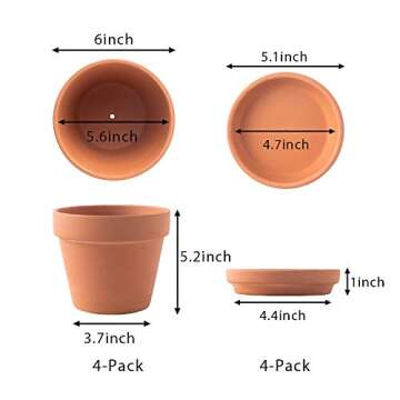 Yishang Large Terra Cotta Pots with Saucer- 4 Pack Large 6'' Terra Cotta Plant Pot with Drainage Hol...