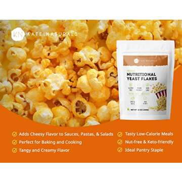 Nutritional Yeast Flakes (12oz - 21 Servings) - Kate Naturals. Delicious Yeast Nutrient Fortified Nooch - Vegan Cheese Powder Substitute & Vegan Seasoning. Gluten-Free, Non-GMO, Amino Acids.