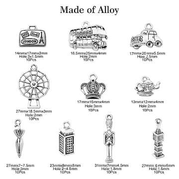 DanLingJewelry 100Pcs 10 Styles London Theme Charms Antique Silver Big Ben Windmill Bus Car Charms T...