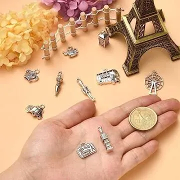 DanLingJewelry 100Pcs 10 Styles London Theme Charms Antique Silver Big Ben Windmill Bus Car Charms Tibetan Travel Charms for Jewelry Making