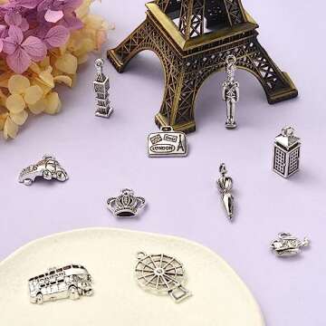 DanLingJewelry 100Pcs 10 Styles London Theme Charms Antique Silver Big Ben Windmill Bus Car Charms Tibetan Travel Charms for Jewelry Making