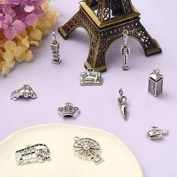 DanLingJewelry 100Pcs 10 Styles London Theme Charms Antique Silver Big Ben Windmill Bus Car Charms Tibetan Travel Charms for Jewelry Making