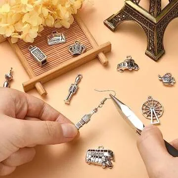 DanLingJewelry 100Pcs 10 Styles London Theme Charms Antique Silver Big Ben Windmill Bus Car Charms Tibetan Travel Charms for Jewelry Making