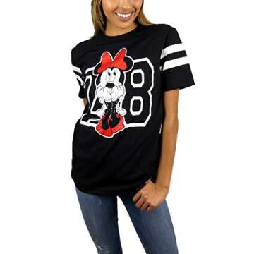 Disney Womens Minnie Mouse Varsity Football Tee Large Black