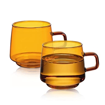Joeyan Amber Glass Coffee Mugs Set of 2-10 oz Glass Stackable Coffee Cups with Handle - Colored Tea ...