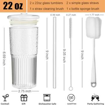 ALINK Glass Cups with Glass Lids and Straws, 22 oz High Borosilicate Clear Iced Coffee Glass Tumbler...