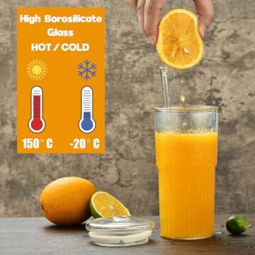 ALINK Glass Cups with Glass Lids and Straws, 22 oz High Borosilicate Clear Iced Coffee Glass Tumblers, Drinking Glass Smoothie Tea Water Cups, Pack of 2 with Cleaning Brush, 22OZ-glasscupstraw