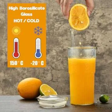 ALINK Glass Cups with Glass Lids and Straws, 22 oz High Borosilicate Clear Iced Coffee Glass Tumblers, Drinking Glass Smoothie Tea Water Cups, Pack of 2 with Cleaning Brush, 22OZ-glasscupstraw