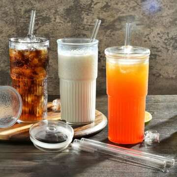 ALINK Glass Cups with Glass Lids and Straws, 22 oz High Borosilicate Clear Iced Coffee Glass Tumblers, Drinking Glass Smoothie Tea Water Cups, Pack of 2 with Cleaning Brush, 22OZ-glasscupstraw
