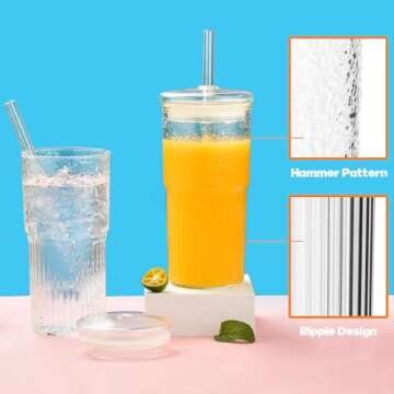 ALINK Glass Cups with Glass Lids and Straws, 22 oz High Borosilicate Clear Iced Coffee Glass Tumblers, Drinking Glass Smoothie Tea Water Cups, Pack of 2 with Cleaning Brush, 22OZ-glasscupstraw