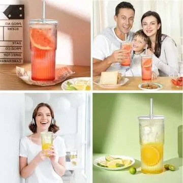 ALINK Glass Cups with Glass Lids and Straws, 22 oz High Borosilicate Clear Iced Coffee Glass Tumblers, Drinking Glass Smoothie Tea Water Cups, Pack of 2 with Cleaning Brush, 22OZ-glasscupstraw