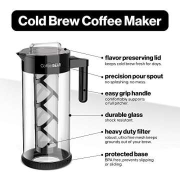 COFFEE BEAR – Cold Brew Coffee Maker and Iced Tea Brewer, Large 1.3L (44oz) Borosilicate Glass Pit...