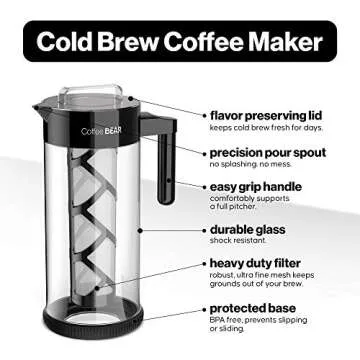 COFFEE BEAR – Cold Brew Coffee Maker and Iced Tea Brewer, Large 1.3L (44oz) Borosilicate Glass Pit...