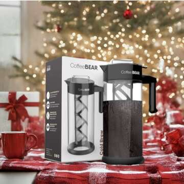 COFFEE BEAR – Cold Brew Coffee Maker and Iced Tea Brewer, Large 1.3L (44oz) Borosilicate Glass Pitcher with Reusable Mesh Filter, Easy to Clean, Dishwasher Safe
