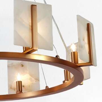 Modern Alabaster Chandelier with Antique Brass Finish - Adjustable Height for Dining Area Lighting, ...