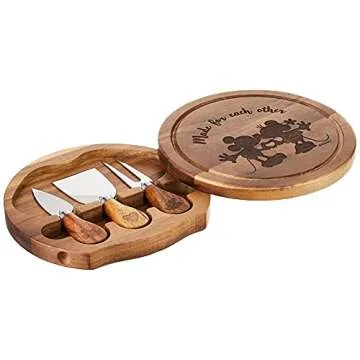 PICNIC TIME Disney Mickey Mouse & Minnie Mouse Acacia Brie Cheese Board and Knife Set, Charcuterie Board Set, Wood Cutting Board, (Acacia Wood)
