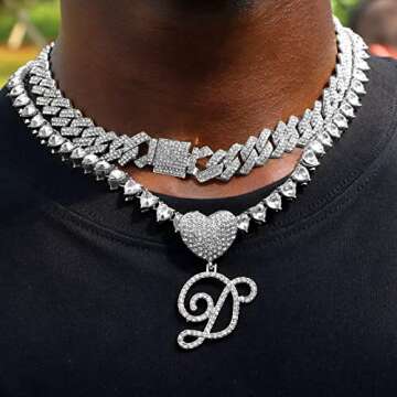 DLSIXNCO Silver Cuban Link Chain for Women Cursive Initial Layered Necklaces Heart Shape Bling Diamond Iced Out Pendant Necklace for Women 2PCS Hip Hop Chain Trendy Dainty Rapper Jewelry Gift, 16