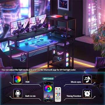 Cyclysio Gaming Desk 47", Computer Desk with Reversible Storage Shelves, Home Office Desk with Power Outlets & RGB Led Lights, Small Desk for Gaming, Studying, Working, Black