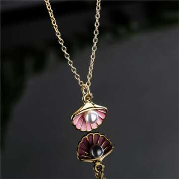 Seashell Pearl Pendant Necklace Gold Plated Boho Enamel Pink Blue Scallop Sea Shell Starfish Ocean Animal Chain Necklace for Women Hawaiian Summer Beach Holiday Fashion Jewelry Gifts (Pink)
