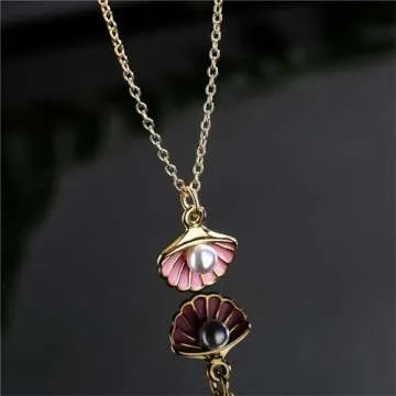 Seashell Pearl Pendant Necklace Gold Plated Boho Enamel Pink Blue Scallop Sea Shell Starfish Ocean Animal Chain Necklace for Women Hawaiian Summer Beach Holiday Fashion Jewelry Gifts (Pink)
