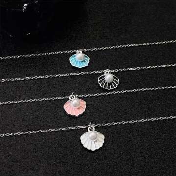 Seashell Pearl Pendant Necklace Gold Plated Boho Enamel Pink Blue Scallop Sea Shell Starfish Ocean Animal Chain Necklace for Women Hawaiian Summer Beach Holiday Fashion Jewelry Gifts (Pink)