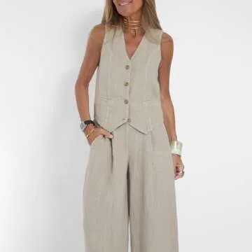 Awoscut Women 2 Piece Outfits Sweater Sets Solid Color Tank Tops and Wide Leg Pants Set Streetwear Fall Fashion Outfit (Beige, M)