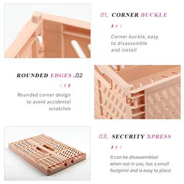 2-Pack Plastic Baskets for Shelf Organizing, Stackable Organizer Pantry Storage Bins, Folding Containers Crate for Home Kitchen Classroom and Office Vanity Bathroom Organization(12" x 8" x 5")(Pink)