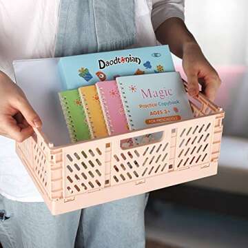 2-Pack Plastic Baskets for Shelf Organizing, Stackable Organizer Pantry Storage Bins, Folding Containers Crate for Home Kitchen Classroom and Office Vanity Bathroom Organization(12" x 8" x 5")(Pink)