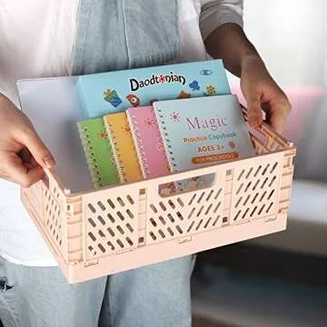 2-Pack Plastic Baskets for Shelf Organizing, Stackable Organizer Pantry Storage Bins, Folding Containers Crate for Home Kitchen Classroom and Office Vanity Bathroom Organization(12" x 8" x 5")(Pink)