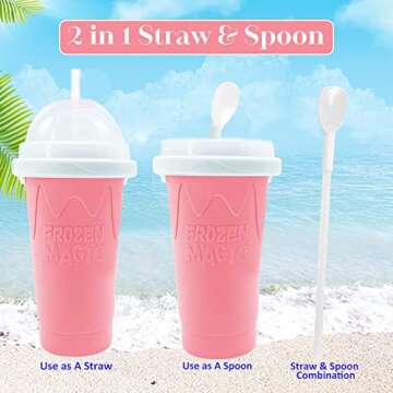 Slushy Cup - Tik Tok Magic Quick Frozen Smoothie Cup, Double Layer DIY Homemade Slushy Maker Cup, Food Grade Silicone Slushie Maker Cup with Spoon & Cleaning Brush for Kids, Birthday Gift - Pink