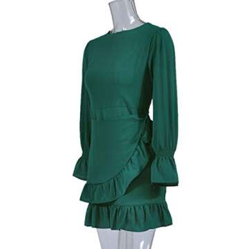 WEEPINLEE Womens Long Sleeve Round Neck Ruffles Wrap Dresses Party Dress (Dark Green,L)