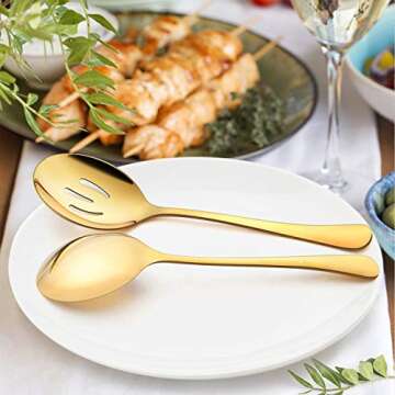 LIANYU 6 Pack Gold Serving Spoons Set, Large Slotted Spoons, Stainless Steel Buffet Dinner Restaurant Golden Serving Utensils, Catering Set for Party Banquet, 9.8 Inch